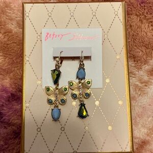Betsey Johnson Gold Butterfly Drop Earrings with Blue and Green Accents